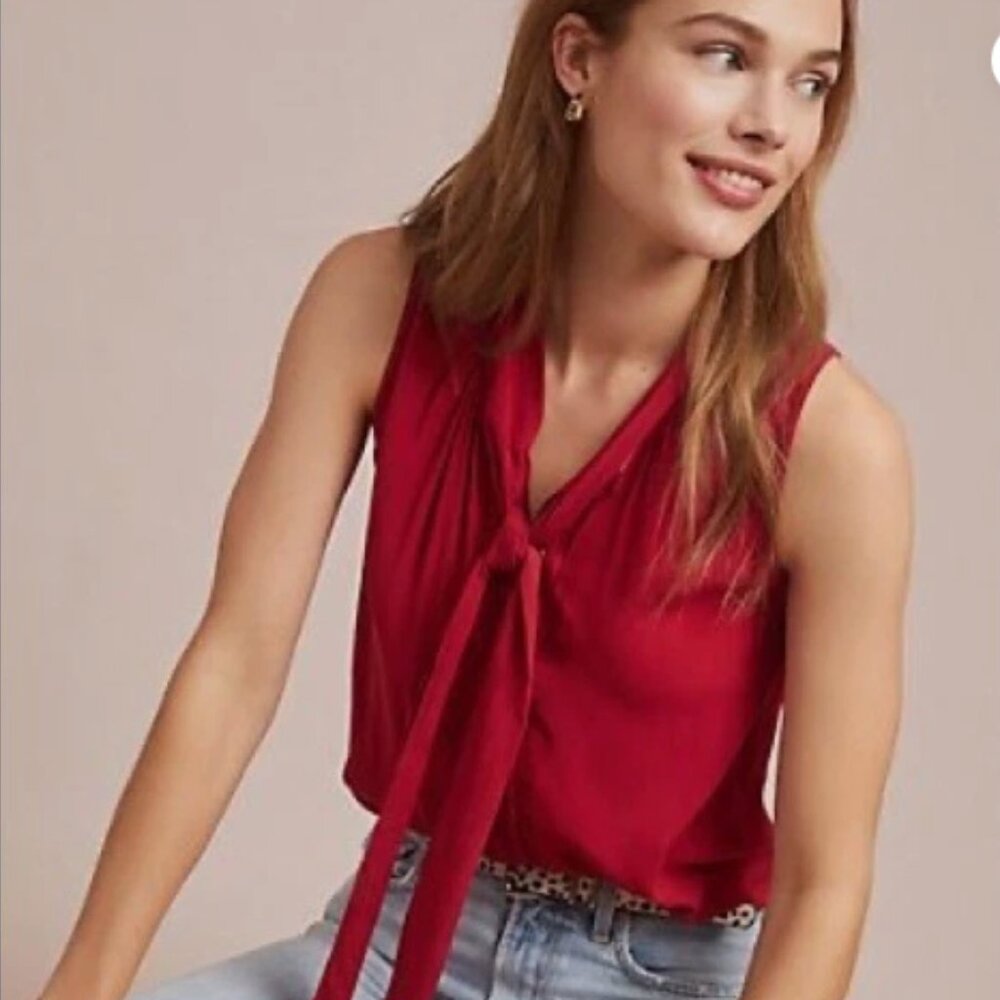 Cloth & Stone Red Tie-Neck Blouse – Anthropologie, Sleeveless, Size M, Flowy Fit